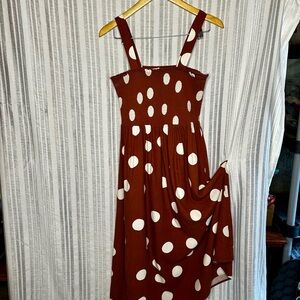 Linen-blend Rust Polka Dot Smocked Midi Dress